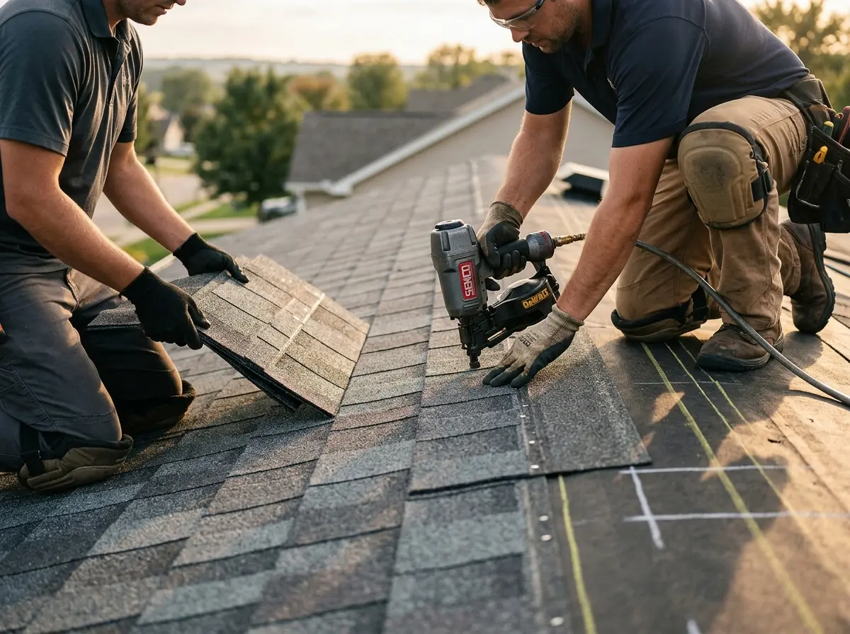 Professional roofer working on a residential roof in Prairieville